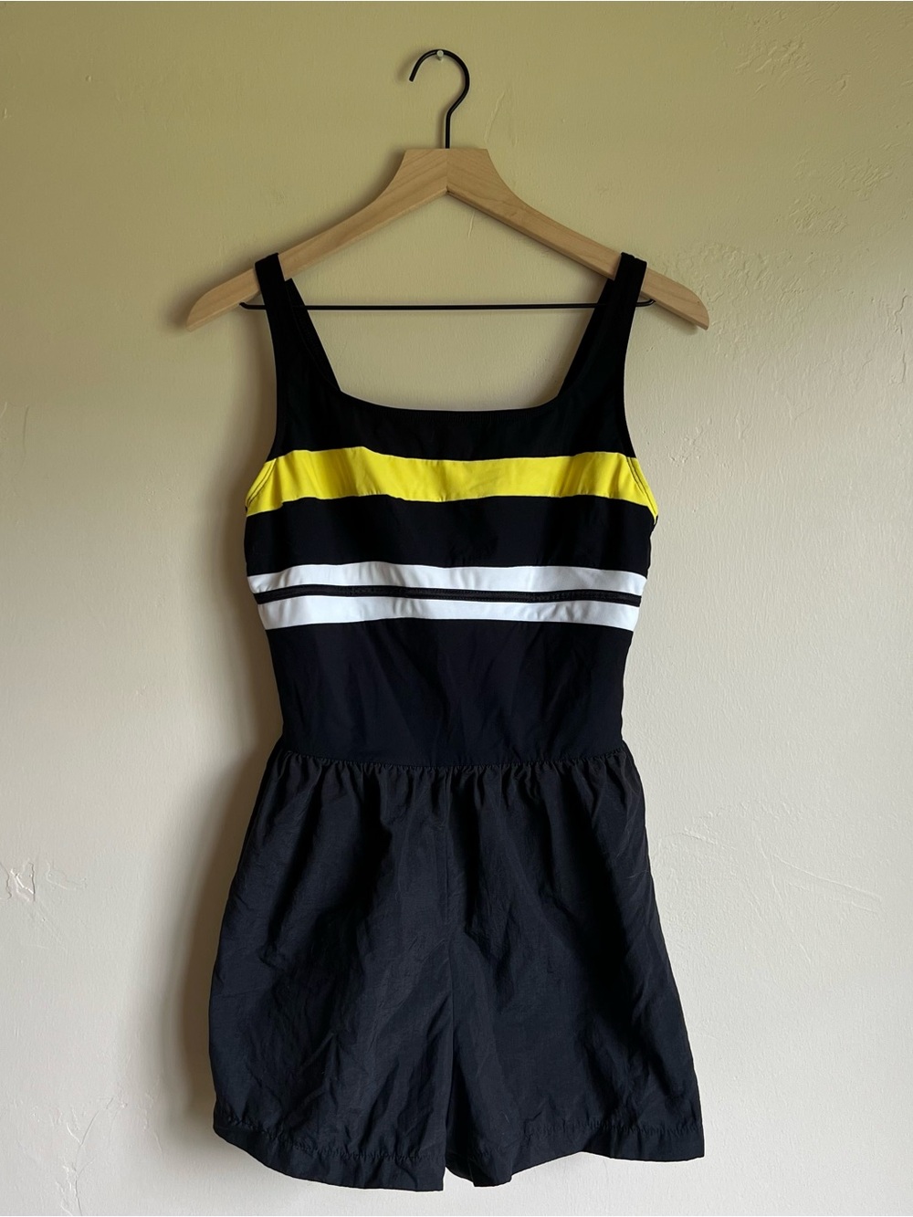 Vintage Black One Piece Swimsuit with Yellow and White Stripes